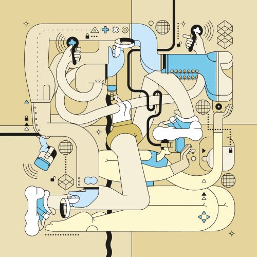 Abstract human figure with tubes and keys by Tobias Wandres
