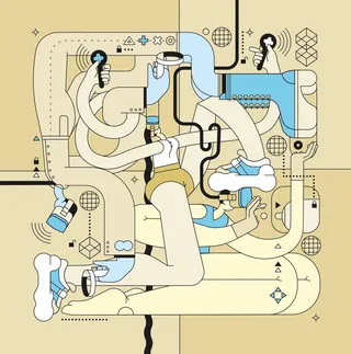 Abstract human figure with tubes and keys by Tobias Wandres