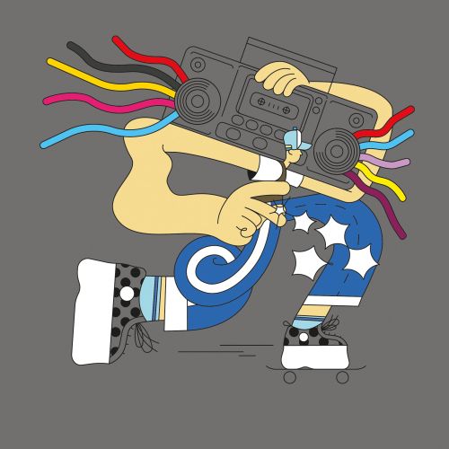 Abstract colorful figure holding a boombox wearing roller skates by Tobias Wandres