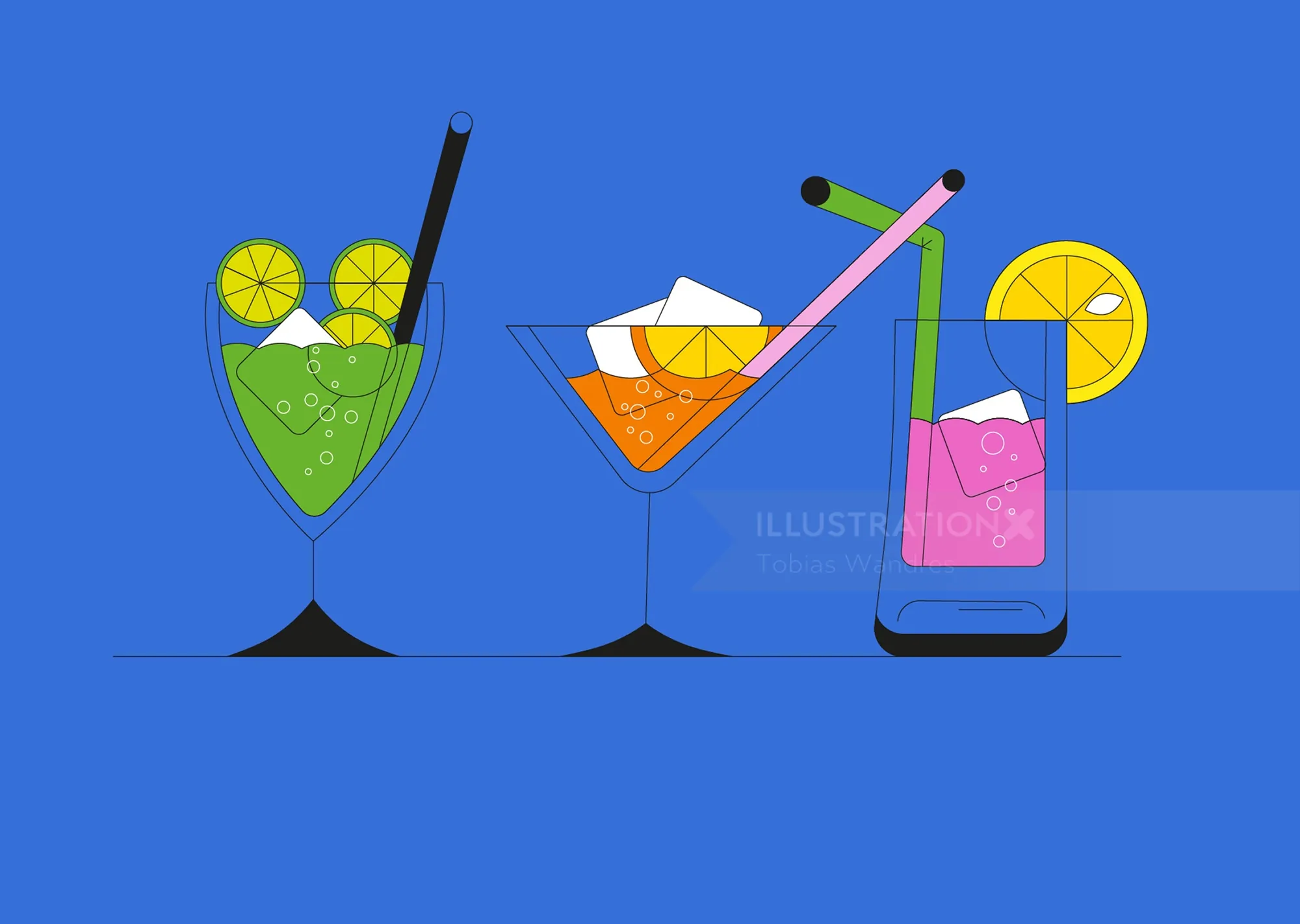 Illustration of three colorful cocktails with straws and lemon slices by Tobias Wandres