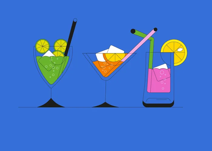 Illustration of three colorful cocktails with straws and lemon slices by Tobias Wandres