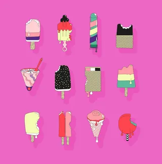 Illustration of twelve colorful ice creams and popsicles on pink background by Tobias Wandres