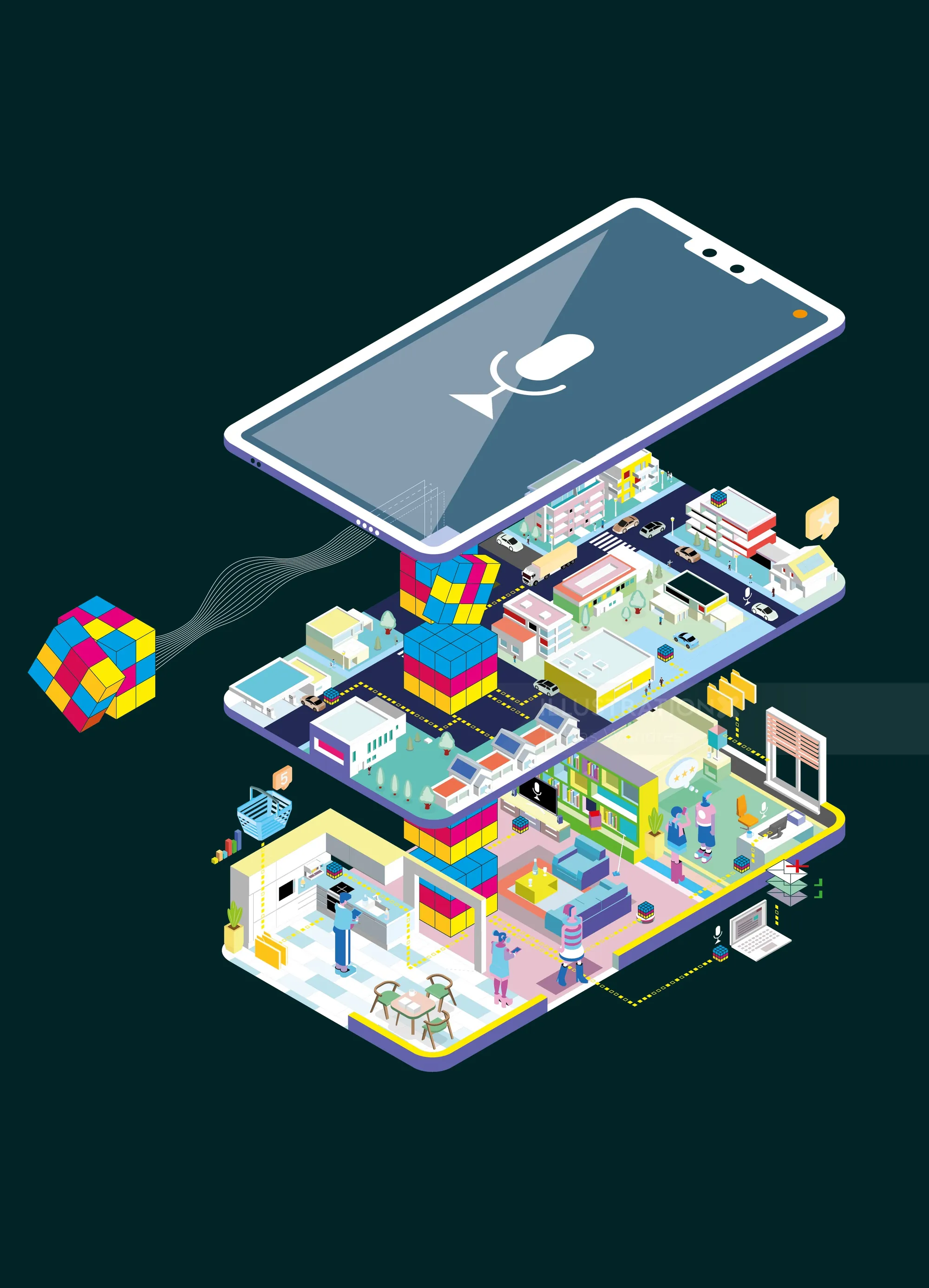 Isometric illustration of smartphone with blocks and office scenes by Tobias Wandres