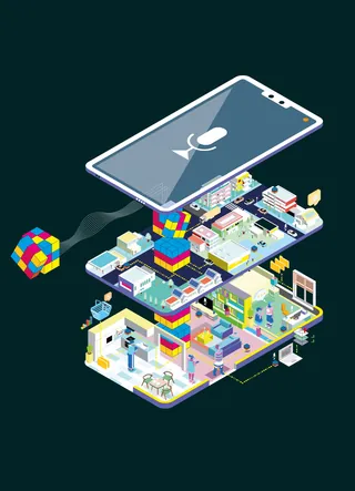 Isometric illustration of smartphone with blocks and office scenes by Tobias Wandres