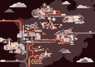 Illustrated cityscape with buildings and transport routes by Tobias Wandres