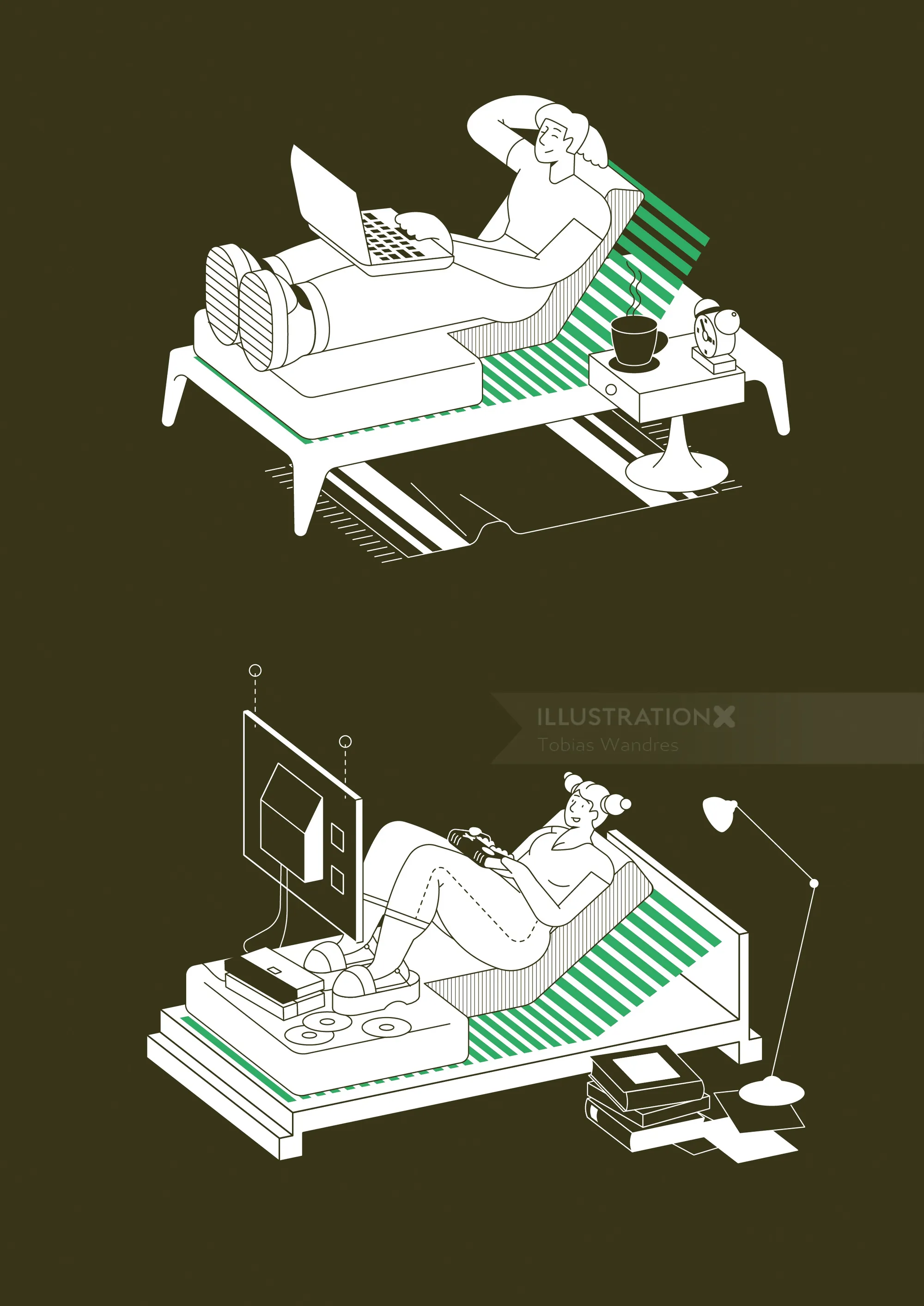 Two people relaxing on lounge chairs with books and laptop by Tobias Wandres