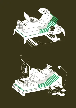 Two people relaxing on lounge chairs with books and laptop by Tobias Wandres