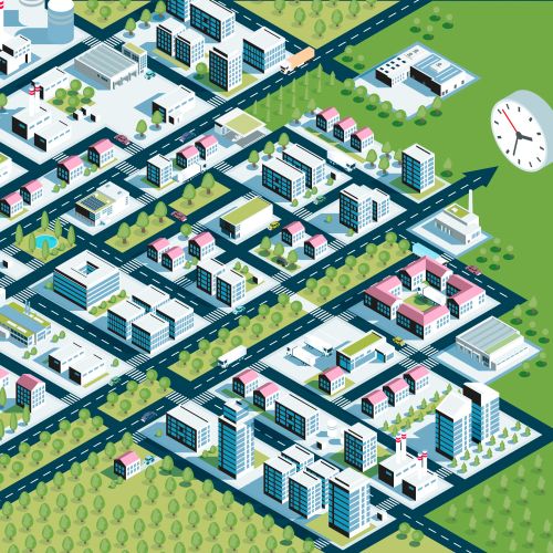 Isometric view of urban cityscape with buildings, roads, trees by Tobias Wandres