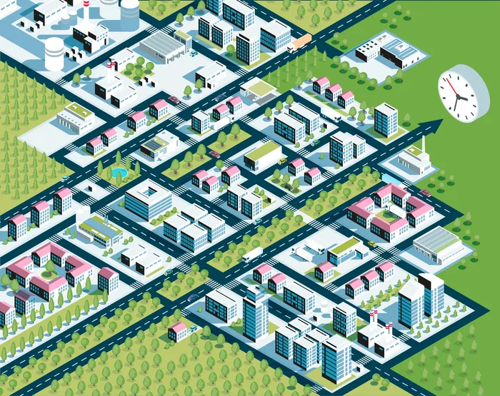 Isometric view of urban cityscape with buildings, roads, trees by Tobias Wandres