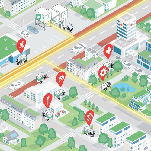 Isometric city map with buildings, roads, and location pins by Tobias Wandres