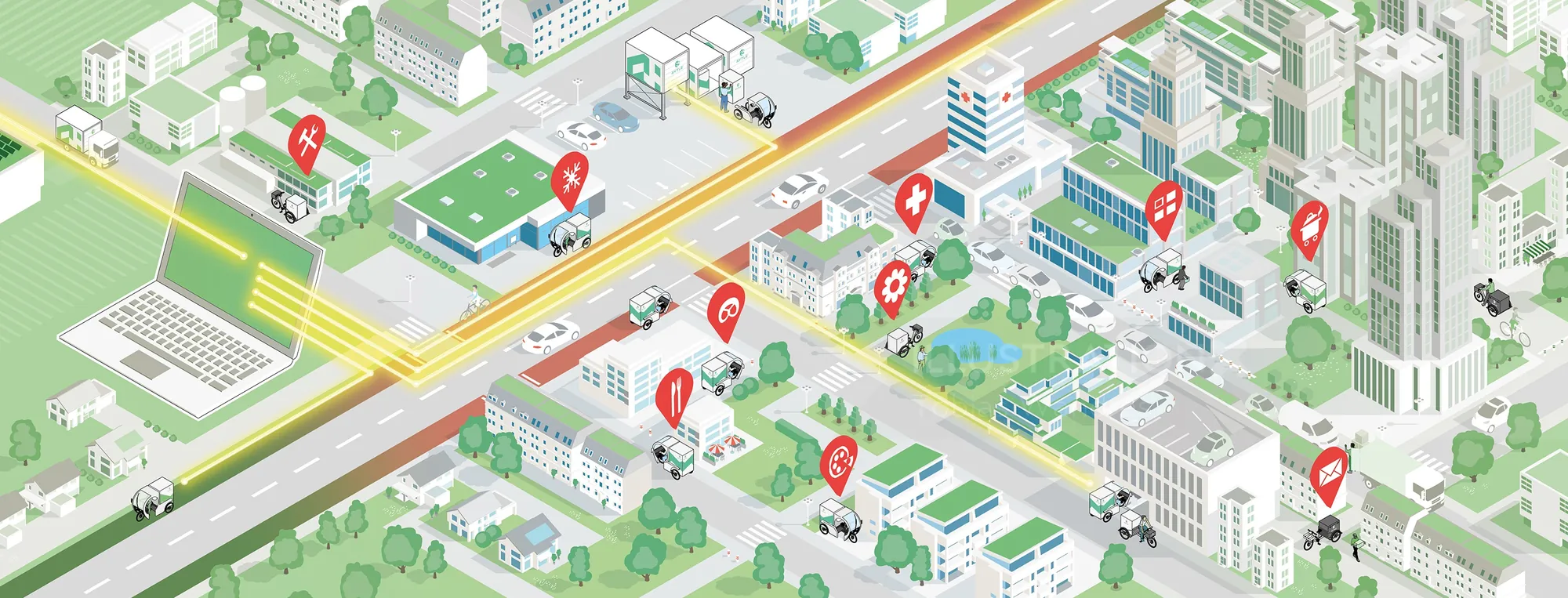 Isometric city map with buildings, roads, and location pins by Tobias Wandres