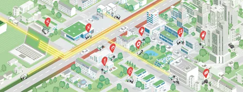 Isometric city map with buildings, roads, and location pins by Tobias Wandres