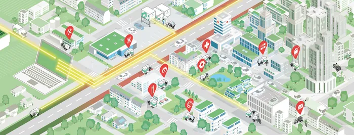 Isometric city map with buildings, roads, and location pins by Tobias Wandres