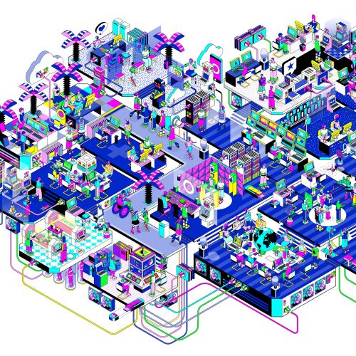 Isometric technology office illustration by Tobias Wandres