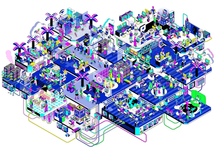 Isometric technology office illustration by Tobias Wandres