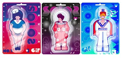 Three retro toy figures in colorful packaging by Tobias Wandres
