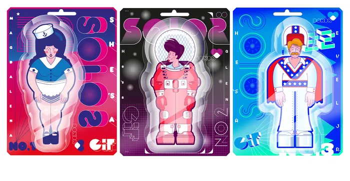 Three retro toy figures in colorful packaging by Tobias Wandres