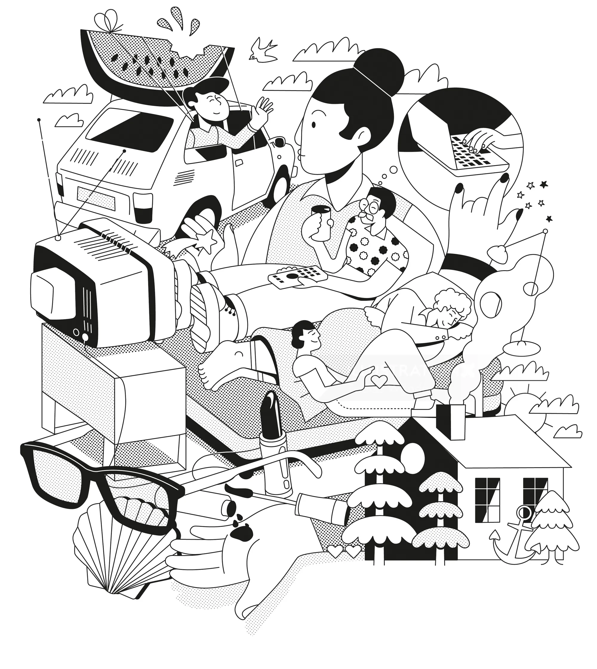 Surreal black and white collage illustration with varied human figures and objects by Tobias Wandres