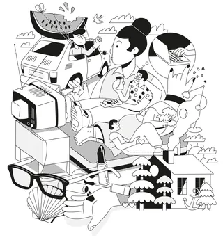 Surreal black and white collage illustration with varied human figures and objects by Tobias Wandres