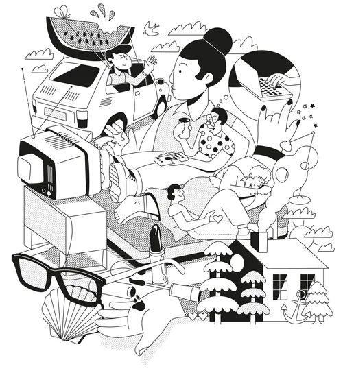 Surreal black and white collage illustration with varied human figures and objects by Tobias Wandres