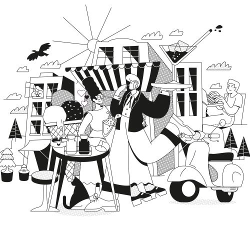 Black and white cafe scene with couple, scooter, and cocktail by Tobias Wandres
