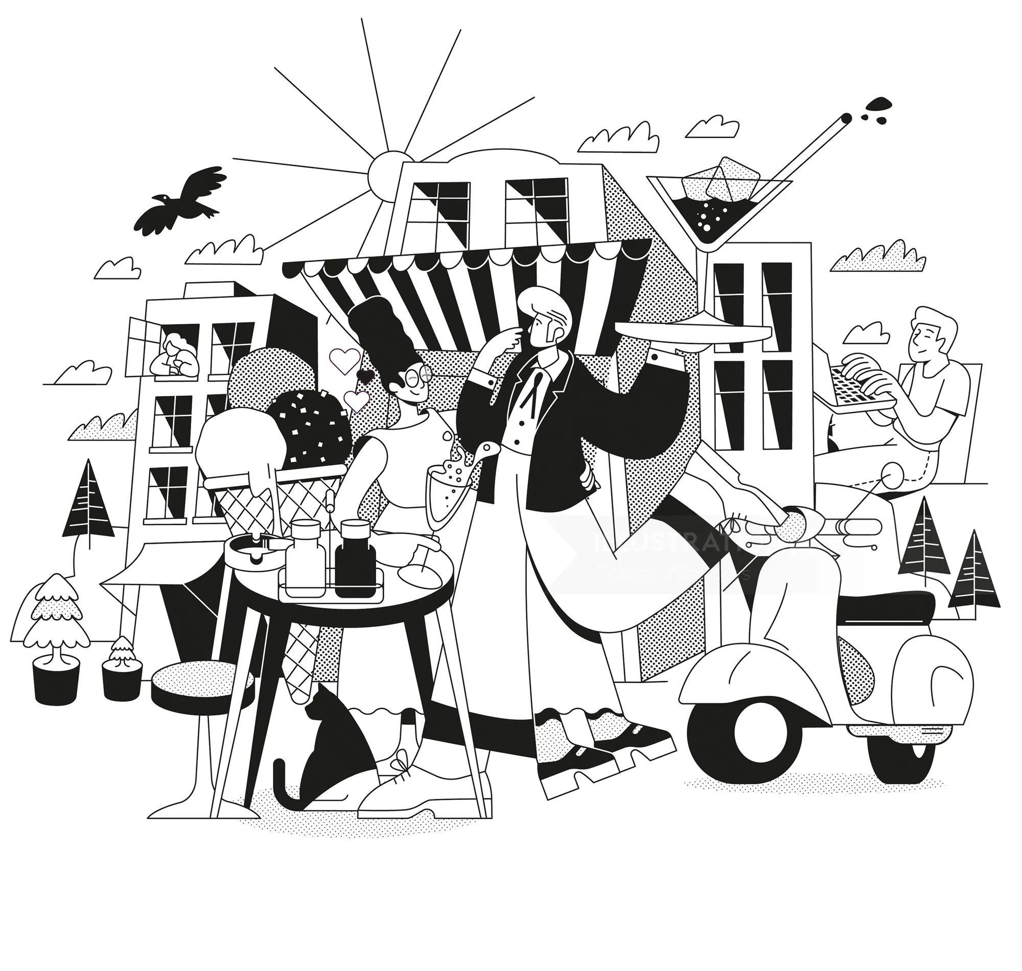 Black and white cafe scene with couple, scooter, and cocktail by Tobias Wandres