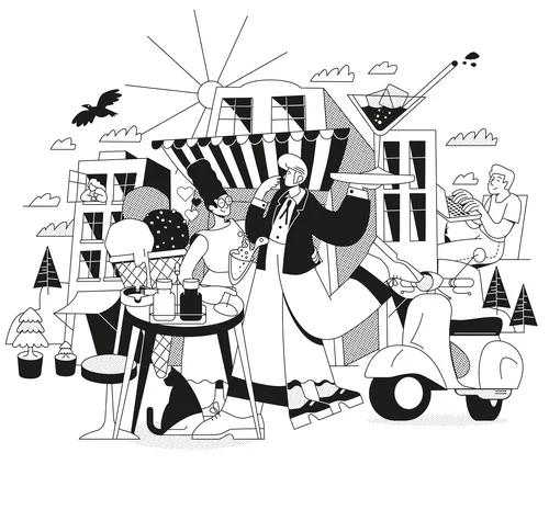Black and white cafe scene with couple, scooter, and cocktail by Tobias Wandres