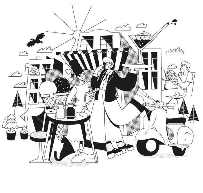 Black and white cafe scene with couple, scooter, and cocktail by Tobias Wandres