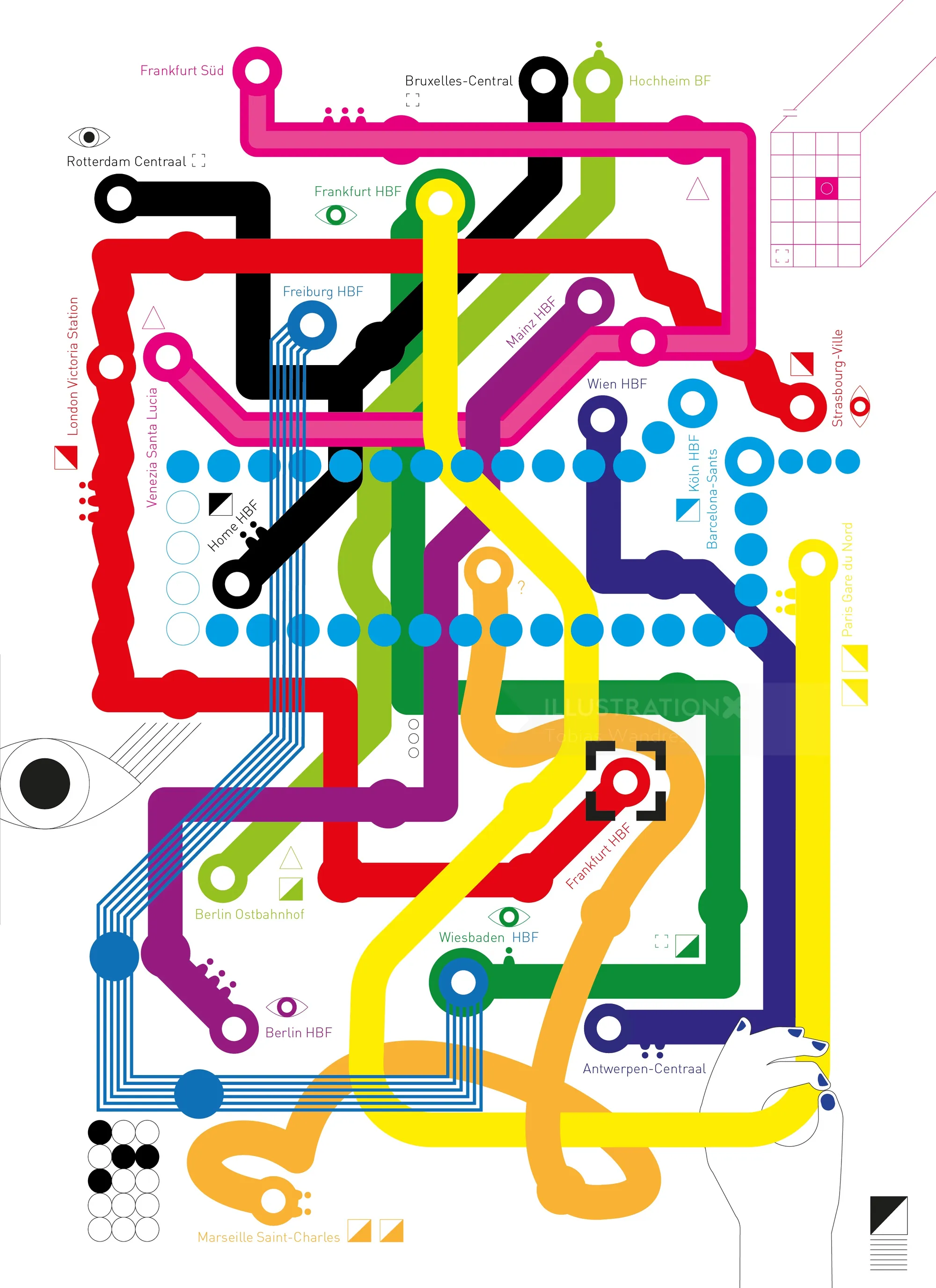 Colorful abstract subway map with interconnected lines and stations by Tobias Wandres