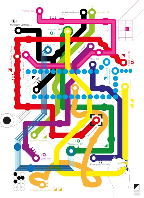 Colorful abstract subway map with interconnected lines and stations by Tobias Wandres