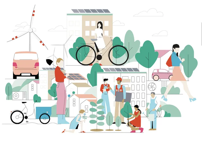 Illustration of sustainable urban life with cycling, solar panels, and greenery by Tobias Wandres