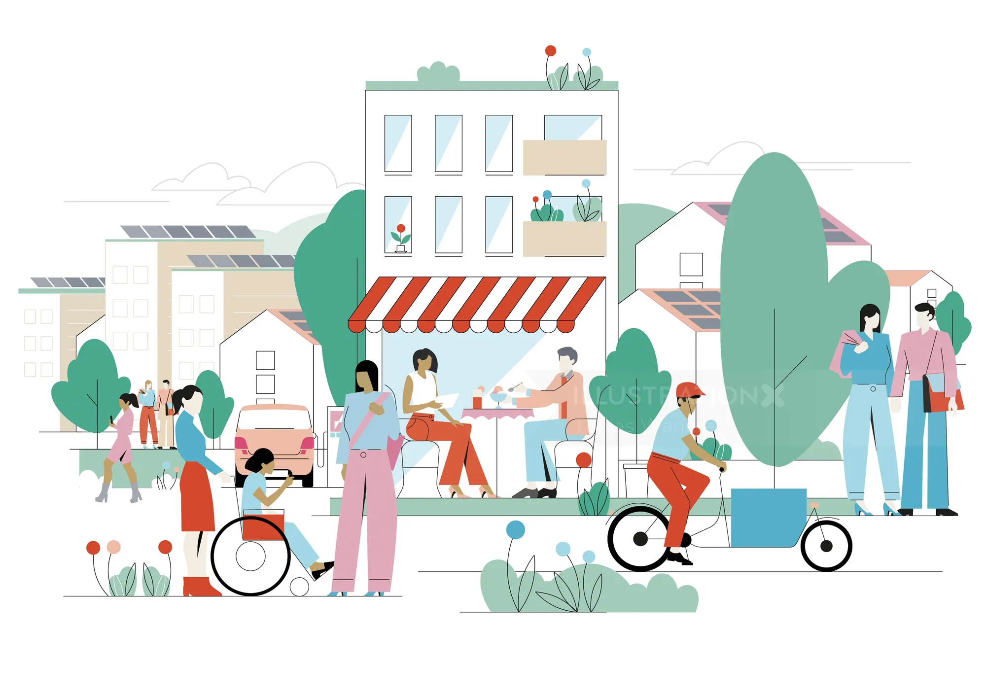 Illustration of diverse people in neighborhood outdoor scene by Tobias Wandres