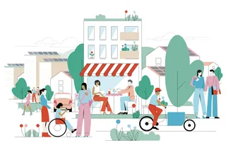 Illustration of diverse people in neighborhood outdoor scene by Tobias Wandres