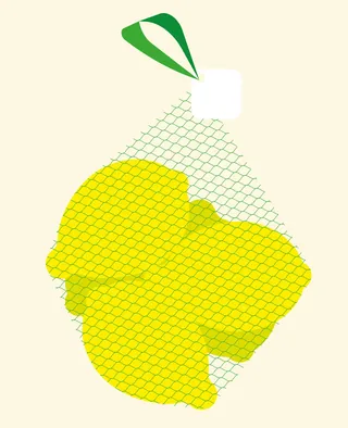 Yellow potatoes in a green mesh bag by Tobias Wandres