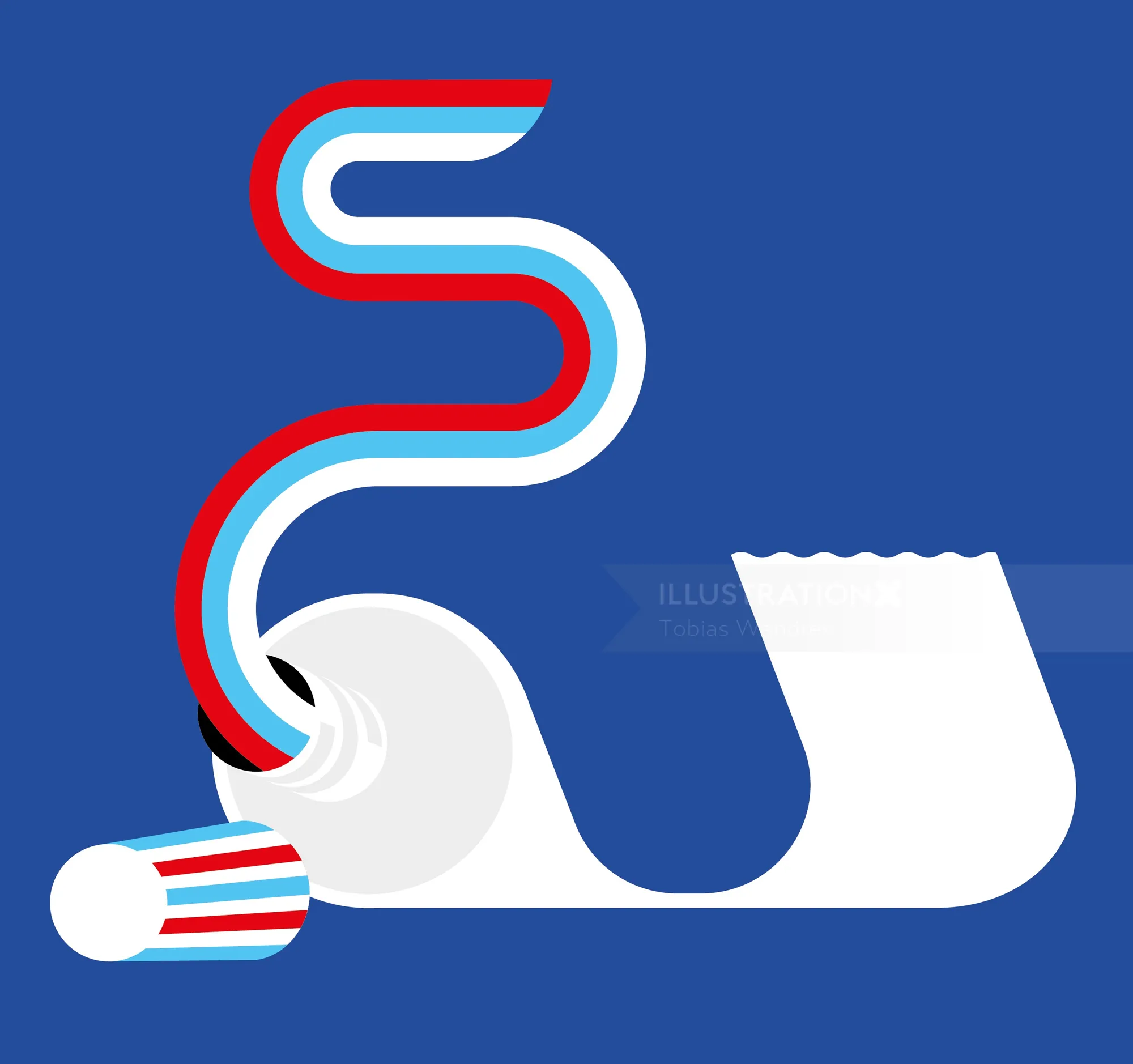 Abstract white scroll with red, white, and blue striped ribbon on blue background by Tobias Wandres
