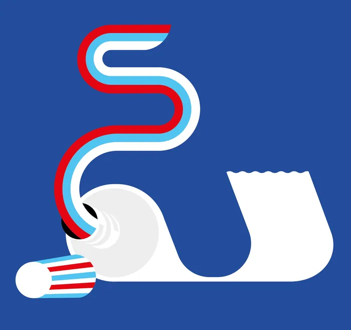 Abstract white scroll with red, white, and blue striped ribbon on blue background by Tobias Wandres