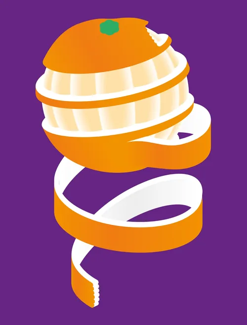 Digital illustration of an orange peel spiraling down purple background by Tobias Wandres