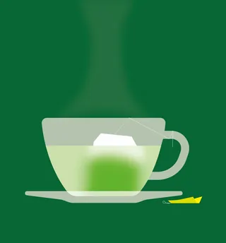 Transparent cup with green tea and tea bag on saucer by Tobias Wandres
