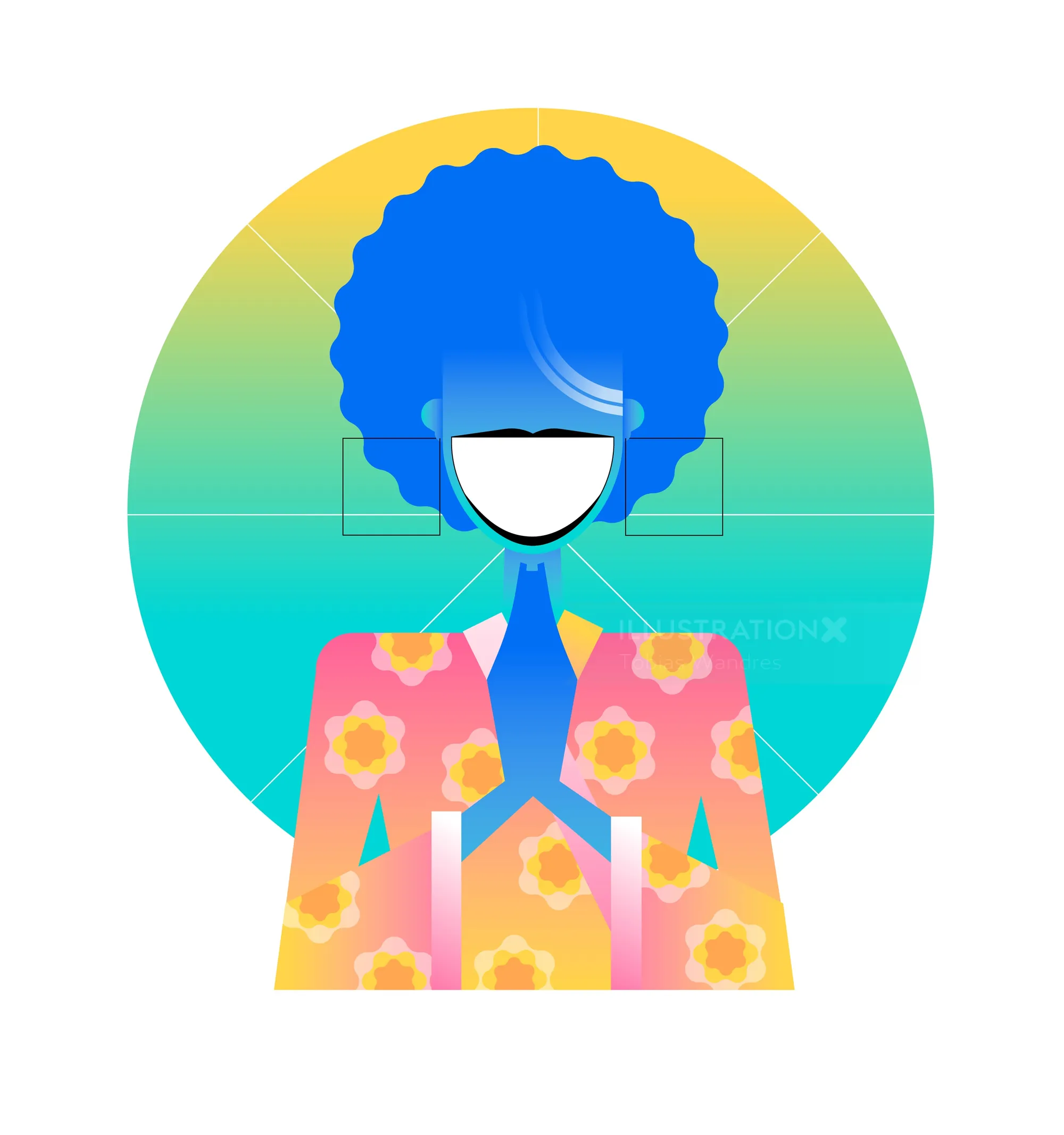 Abstract figure with bright blue hair and floral jacket by Tobias Wandres