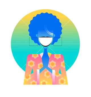 Abstract figure with bright blue hair and floral jacket by Tobias Wandres