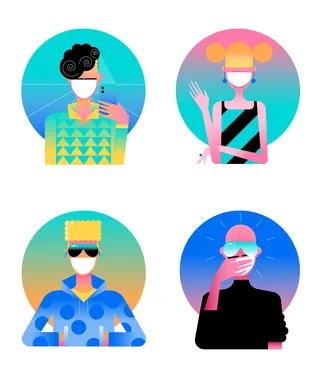 Four colorful abstract portraits of masked people by Tobias Wandres
