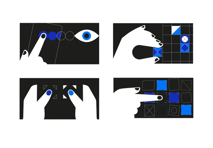 Hands touching and manipulating blue and white geometric shapes on black panels.