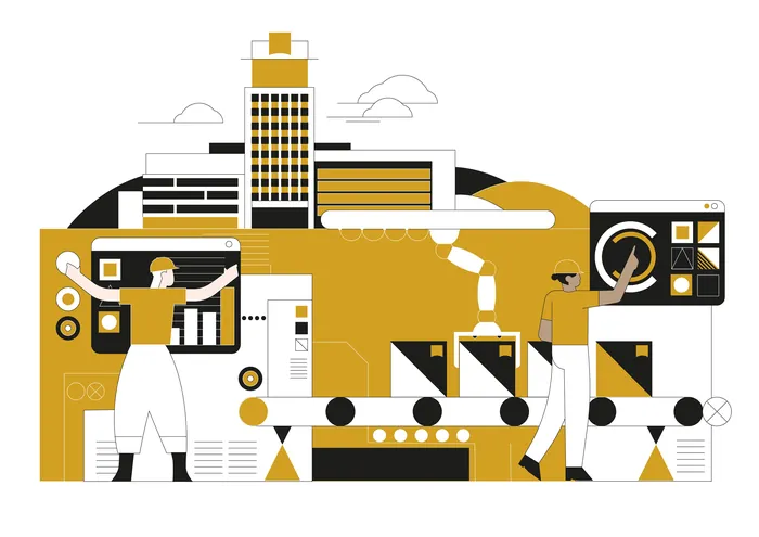 People analyzing charts and managing factory workflow in a stylized illustration.
