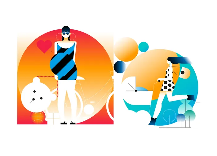 Illustration of two fashionable figures with bright geometric backgrounds