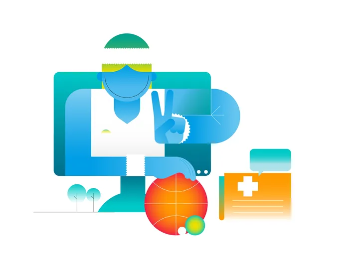 Healthcare professional making a peace sign with medical and sports icons