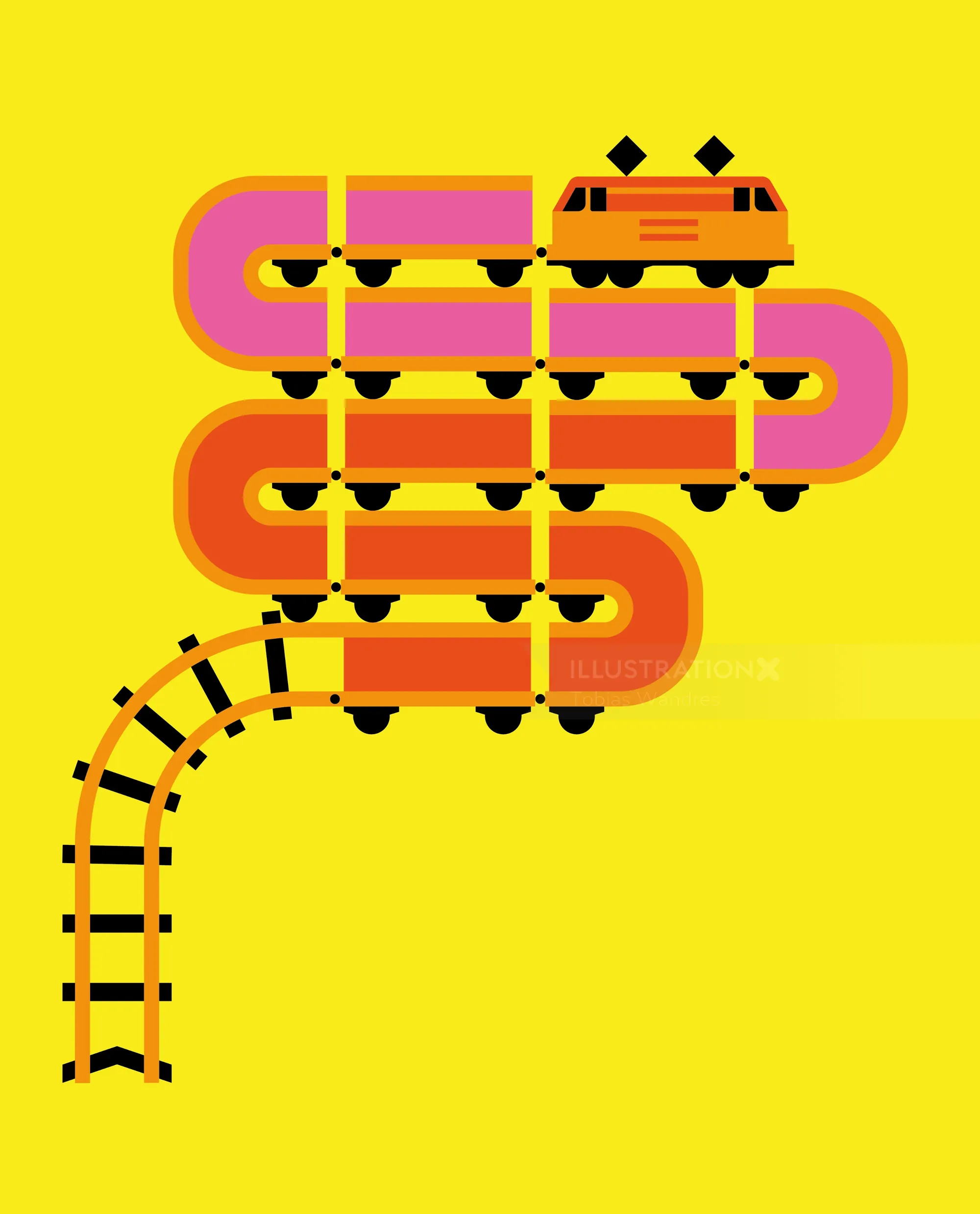 Orange train on a winding track with pink and orange rails