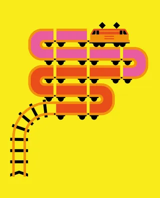 Orange train on a winding track with pink and orange rails