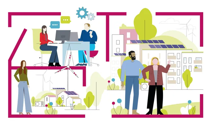 People discussing renewable energy and sustainable urban housing plans.