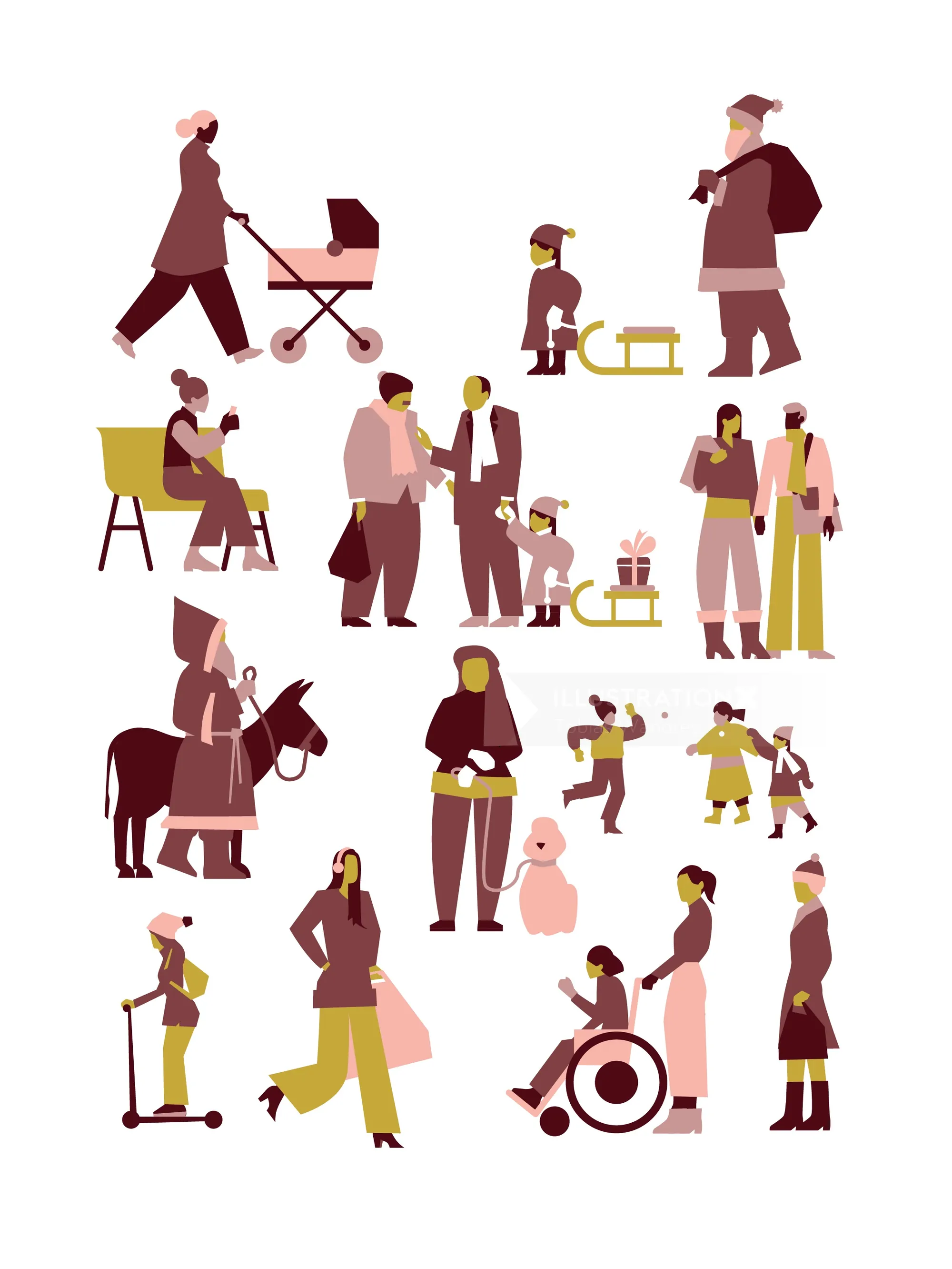 Illustration of diverse people walking, sitting, playing, and interacting outdoors