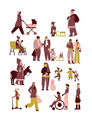 Illustration of diverse people walking, sitting, playing, and interacting outdoors